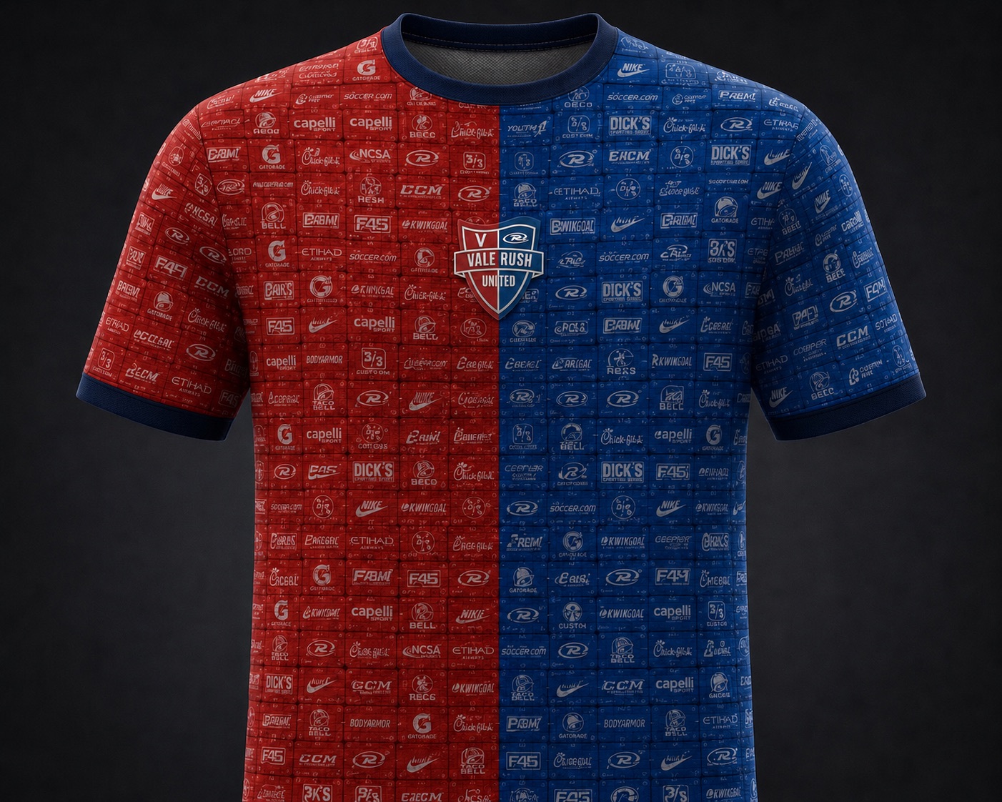 Vale Rush United red and blue checkered Benefit Jersey featuring supporter logo spaces